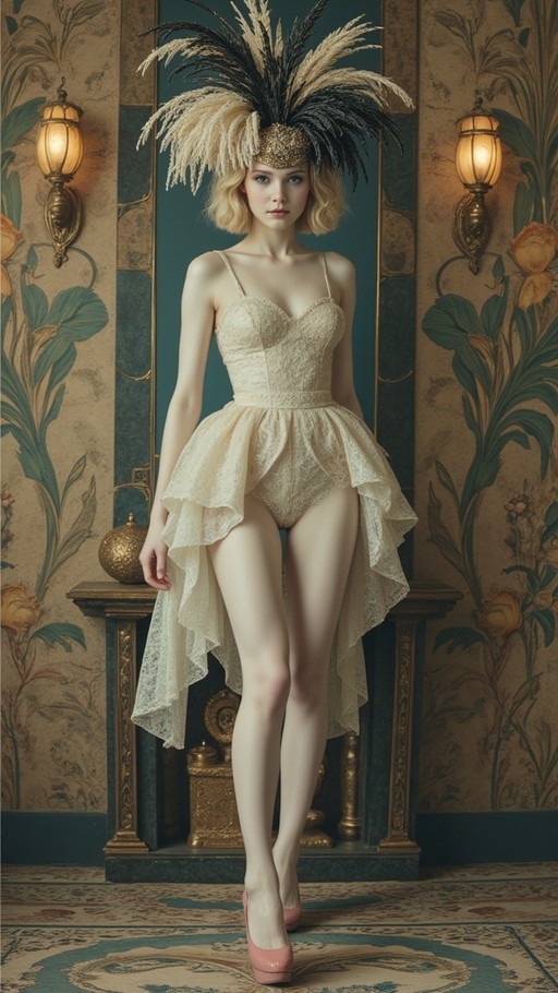 A blonde woman in a white lace leotard and large feathered headdress stands in a vintage room.