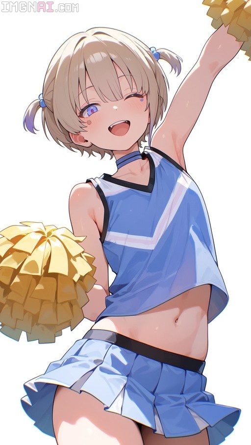 An anime-style blonde girl in a blue cheerleading outfit holding yellow pom-poms and winking.