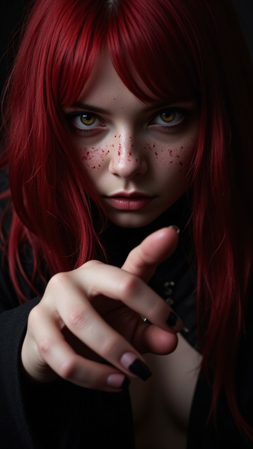 Close-up of a red-haired woman with yellow eyes and blood on her face pointing at the viewer.