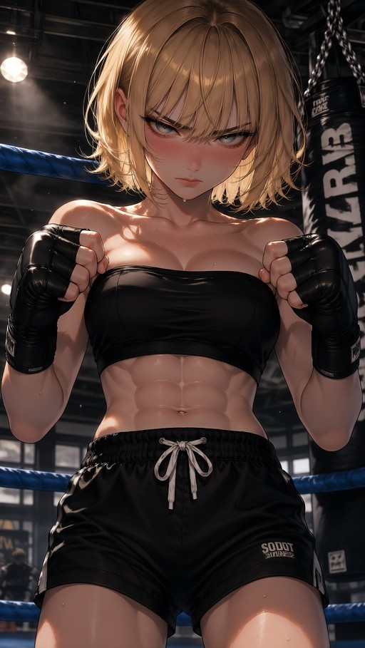 An anime-style illustration of a blonde woman with blue eyes in a boxing ring. She wears a black tube top and shorts, displaying defined abdominal muscles and wearing black gloves while looking intensely forward.