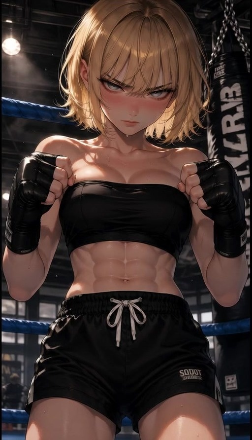 A muscular blonde anime girl with short hair and blue eyes stands in a wrestling ring wearing a tube top and shorts, sweating and looking at the viewer while bracing for an incoming punch near cracked glass.