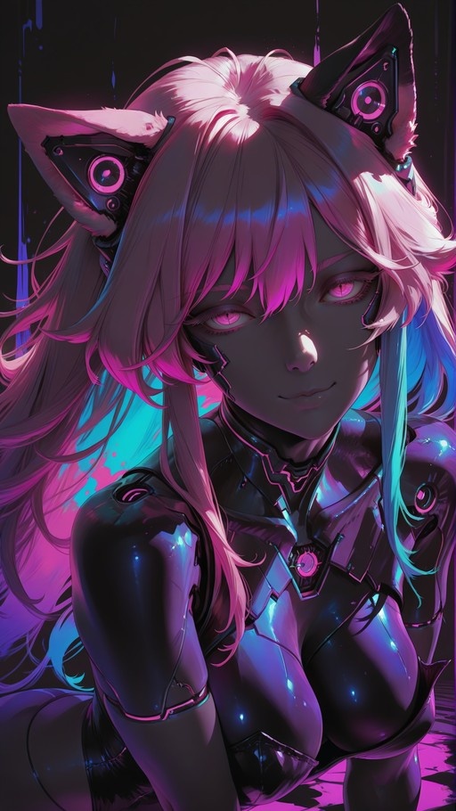 A cyberpunk anime girl with pink hair and mechanical fox ears featuring speakers, wearing a shiny black bodysuit under neon lights.