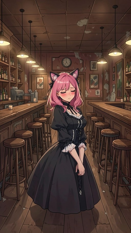 A pink-haired anime girl with cat ears stands alone in a dimly lit bar wearing a black frilled dress.