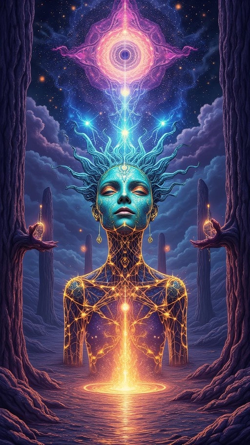 A blue-skinned female figure with closed eyes stands in water, her body covered in glowing golden lines, beneath a large cosmic eye in a starry sky.