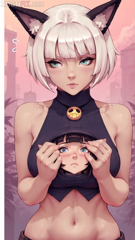 Ms. Fortune with white hair and cat ears holding a disembodied head while blushing