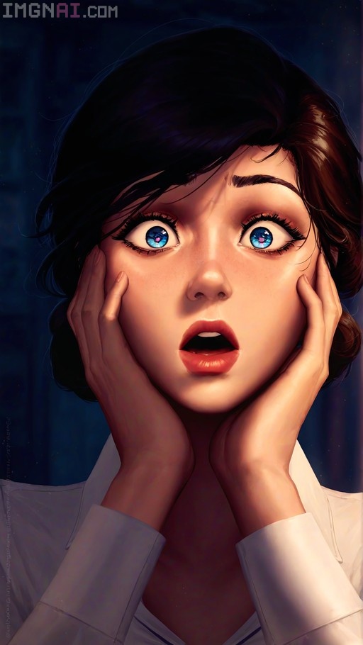 Close-up of Elizabeth from Bioshock Infinite with wide blue eyes and hands on her cheeks in a Guweiz-style illustration.