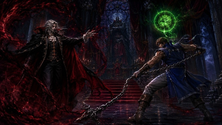 A pale vampire with white hair and a red cape faces off against a muscular warrior wielding a chain whip in a dark gothic hall.