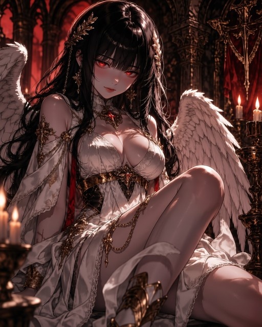 A digital illustration of a female angel with long black hair and glowing red eyes sitting in a dark cathedral. She wears an ornate white dress with gold accents and has large white feathered wings.