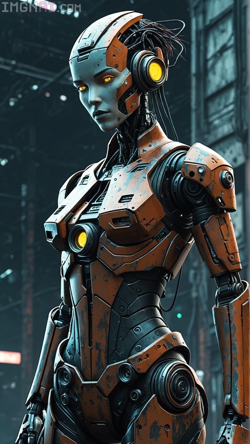 A cyberpunk female robot avatar with glowing yellow eyes, rusty orange armor, and large headphones.