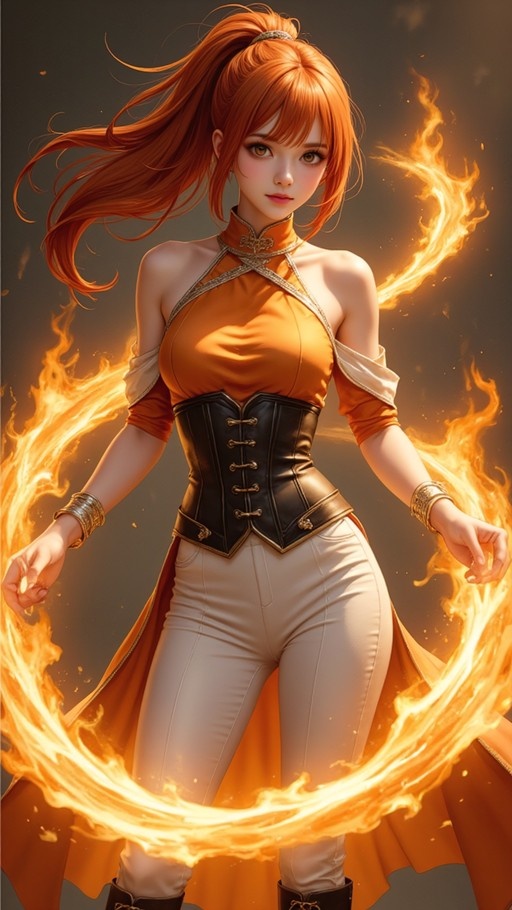 A digital illustration of Mai from Avatar: The Last Airbender standing amidst swirling flames. She has long orange hair in a ponytail and wears an orange top, black corset, and white pants.