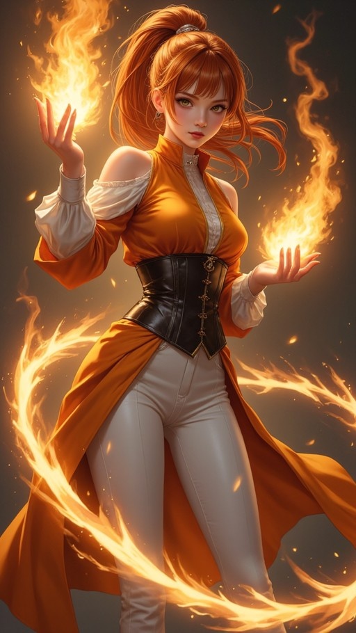 An anime-style illustration of a young woman with long orange hair in a high ponytail and yellow eyes. She wears an orange jacket with white sleeves, a black corset, and white pants while holding glowing fireballs in her hands surrounded by swirling flames.