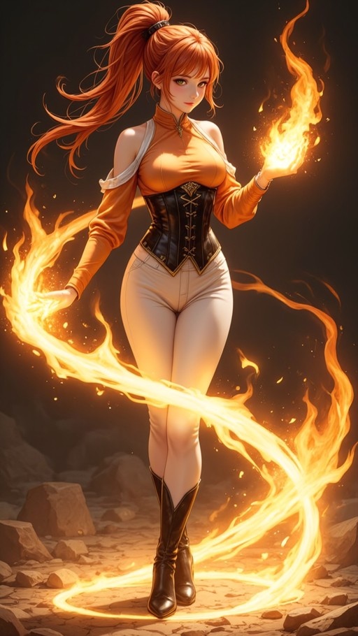 A digital illustration of an orange-haired sorceress in a black corset and white pants, standing on rocky ground while manipulating swirling streams of fire around her body.