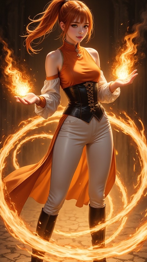 Amber from Genshin Impact stands with a ring of fire around her legs, holding glowing flames in her hands while wearing an orange top and white pants.
