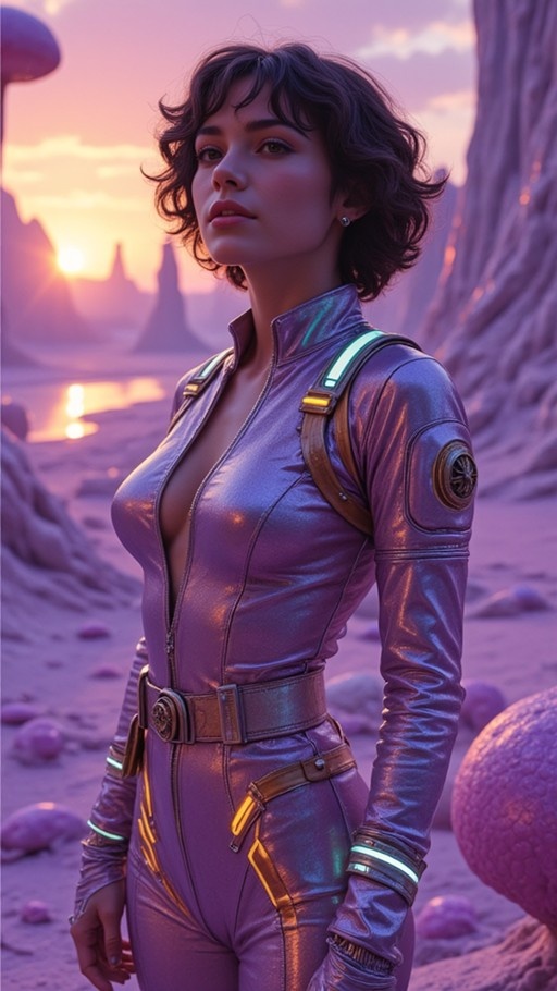 A woman with short wavy dark hair stands in a metallic purple bodysuit with glowing accents against a pink alien landscape at sunset.