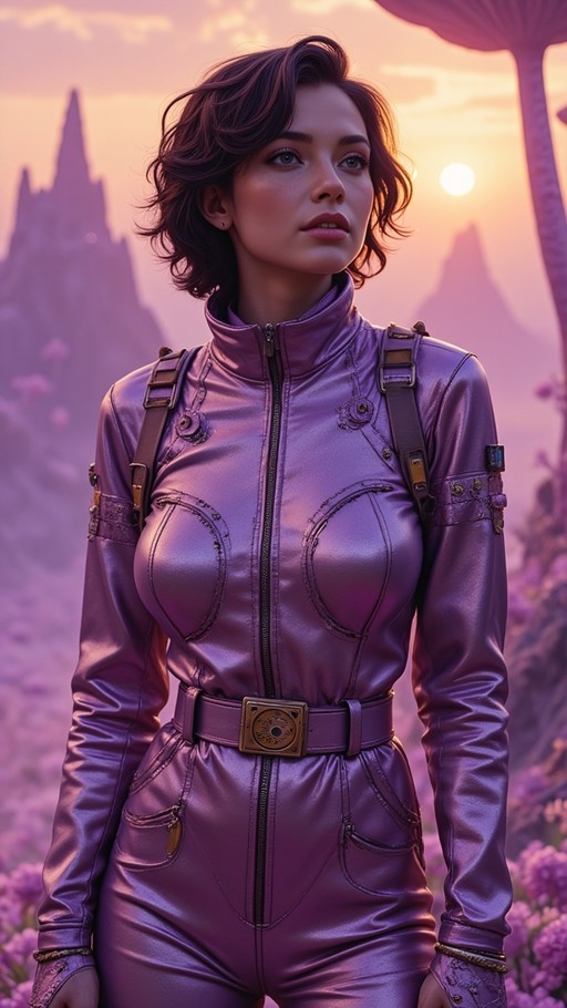 A young woman with short brown hair stands in a shiny purple jumpsuit against a pink and orange sunset sky with mountains in the distance.