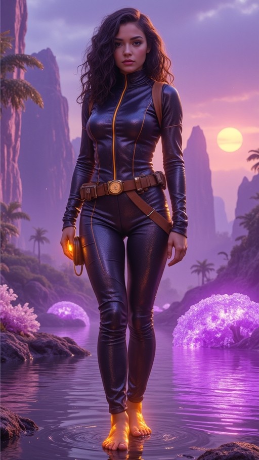 A full-body shot of a barefoot woman with long dark hair wearing a shiny black catsuit and utility belt, walking through shallow water on an alien world with purple vegetation and a sunset sky.