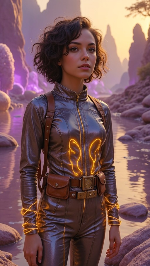 A woman in a shiny metallic suit with glowing yellow accents stands in a river surrounded by purple rocks at sunset.