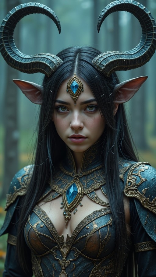 A fantasy warrior woman with long black hair, pointed ears, and large curved horns wearing ornate dark armor with blue gemstones in a forest.