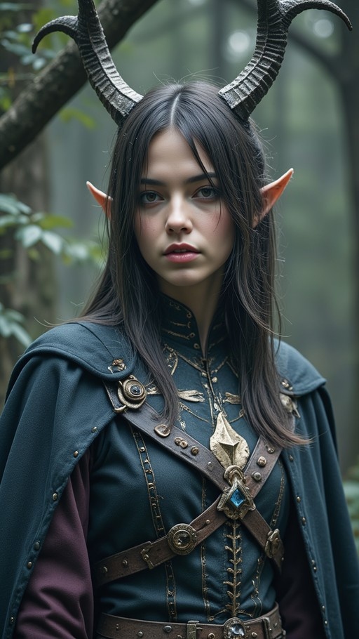 A realistic portrait of a young woman with long dark hair, pointed ears, and large curved horns wearing a teal tunic and leather harness in a forest.