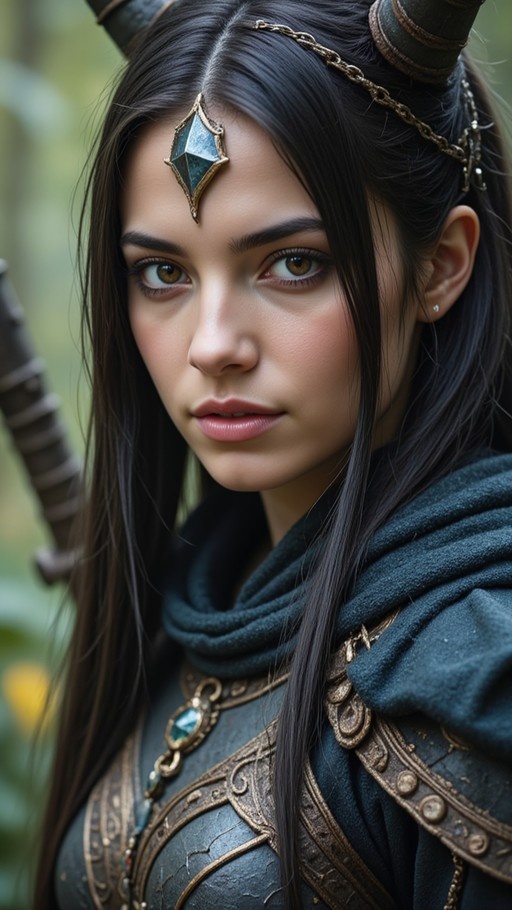 Close-up portrait of a realistic fantasy warrior woman with long black hair and curved horns, wearing ornate armor and a teal scarf while looking at the viewer.
