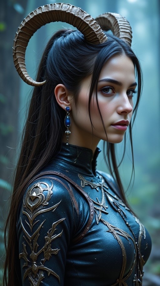 Realistic portrait of a young woman with large curved ram horns wearing dark ornate leather armor and blue dangling earrings in a blurred forest.