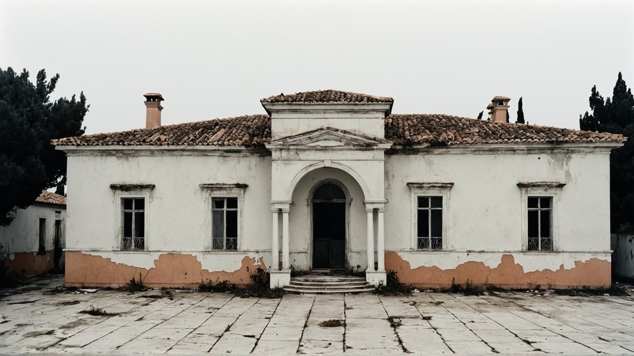 A weathered white villa with a terracotta tiled roof and peeling orange paint stands under an overcast sky, featuring a central arched entrance with columns and a cracked courtyard in the foreground.