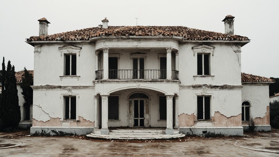 A front view of a large, two-story white villa in a state of disrepair, featuring classical columns, a balcony, and peeling plaster walls under a grey sky.