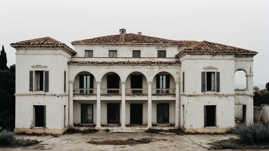 A wide view of an abandoned, weathered white villa featuring a central arched loggia and shuttered windows under an overcast sky.