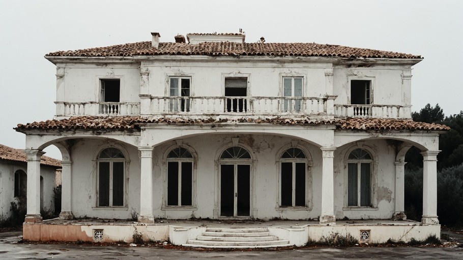 Front view of a large, weathered white two-story villa with an arched ground-floor loggia and a terracotta tiled roof under a grey sky.