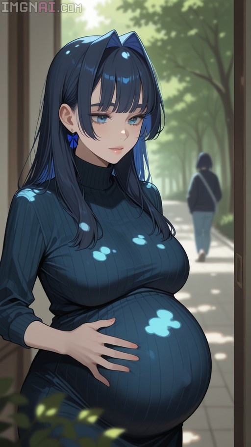 Anime-style illustration of pregnant Ouro Kronii in a blue sweater dress holding her belly.