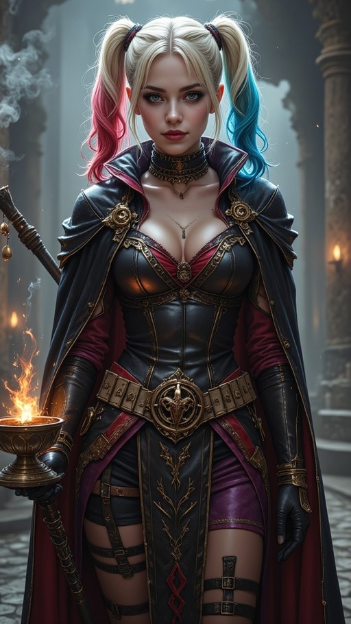 Harley Quinn in a black and red fantasy costume holding a staff and a burning bowl.