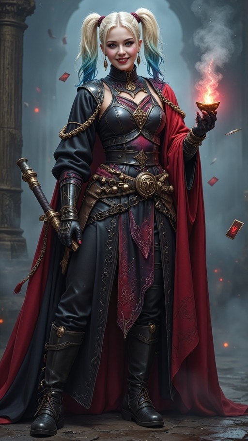 Harley Quinn in black leather and red fantasy armor holding a flaming cup with floating playing cards.