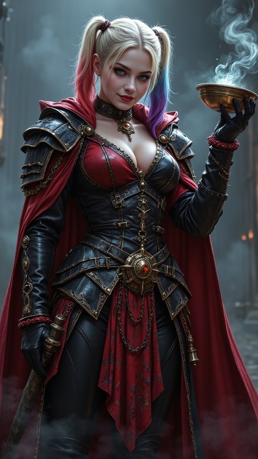 A woman with blonde pigtails in pink and blue wearing black leather armor and a red cape holds a steaming golden bowl while standing in a misty environment.