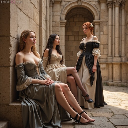 Three women in period dresses sitting and standing in a stone archway.