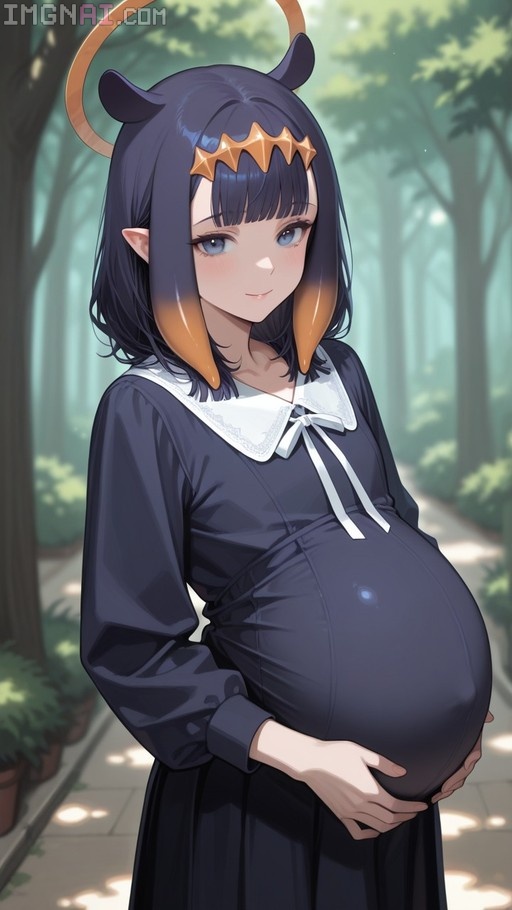 Digital art of Ninomae Ina'nis with dark hair and orange tips, wearing a black dress and halo, standing outdoors while holding her pregnant belly.