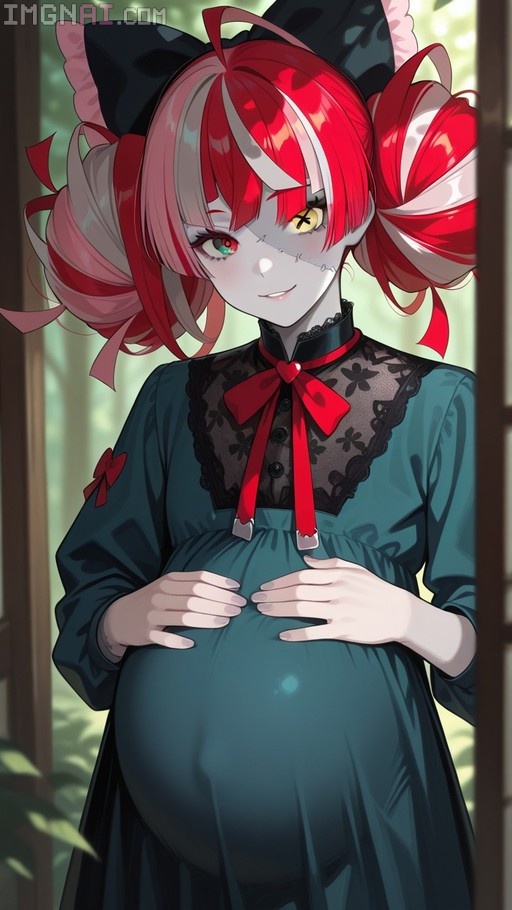 Kureiji Ollie with grey skin and red-and-white hair in twin buns, wearing a dark teal dress and cradling her pregnant belly.