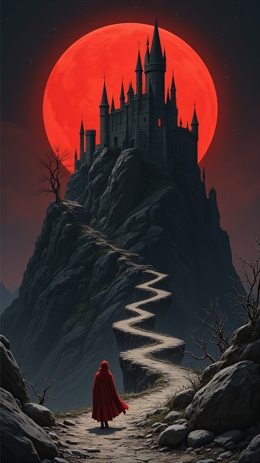A hooded figure in a red cloak walks along a winding stone path up a rocky cliff toward a dark castle silhouetted against a massive glowing red moon.