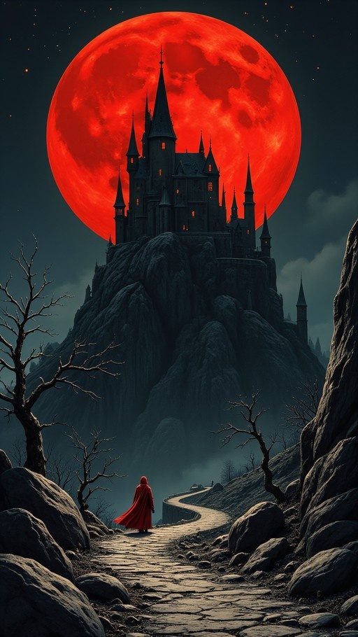 A figure in a red cloak stands on a stone path looking up at a dark castle under a giant red moon.