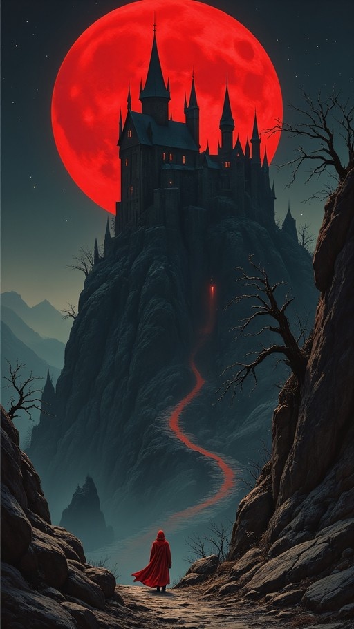 A person in a red cloak stands on a rocky path looking up at a castle on a cliff under a large red moon.