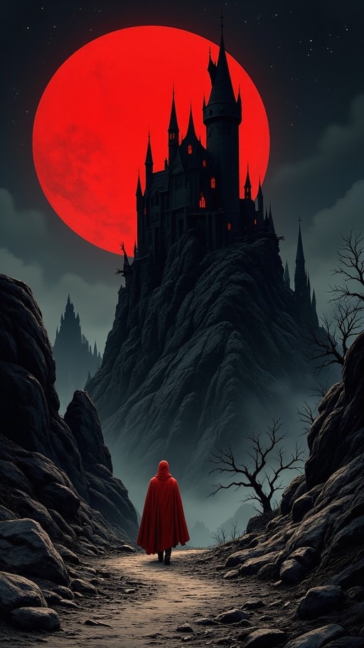 A figure in a red hooded cloak walks away on a rocky path toward a dark castle silhouetted against a large glowing red moon in a starry night sky.