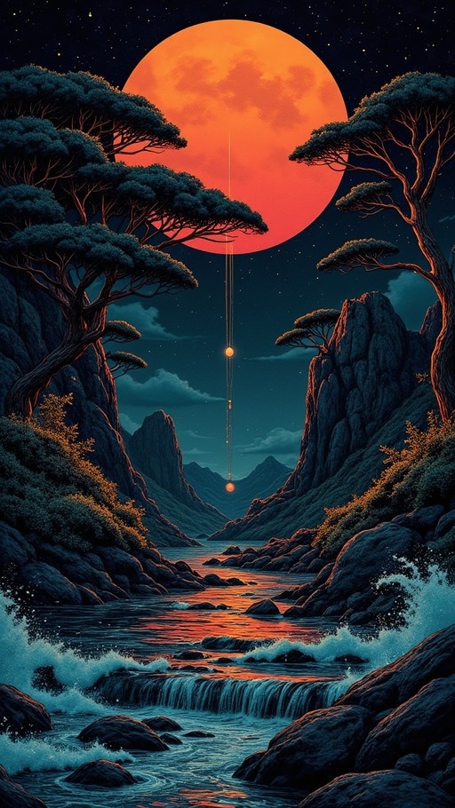 A digital illustration of a fantasy landscape at night with a large orange moon, stars, trees on cliffs, and a flowing river.