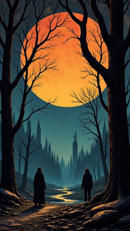 Two hooded figures stand on a path in a forest looking at a castle under a large orange moon