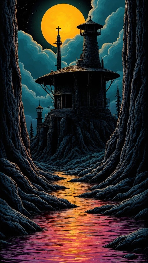 A dark stone tower stands on rocky cliffs above a river reflecting a large orange moon in a cloudy night sky.