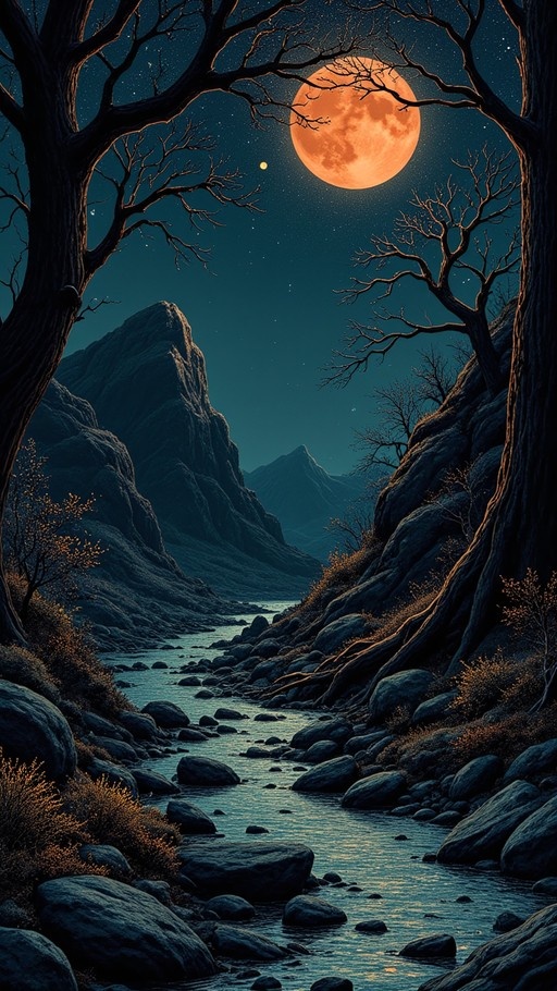 A large glowing orange full moon shines over a rocky river flowing through a mountain valley at night, framed by silhouetted bare trees and distant mountains under a starry sky.