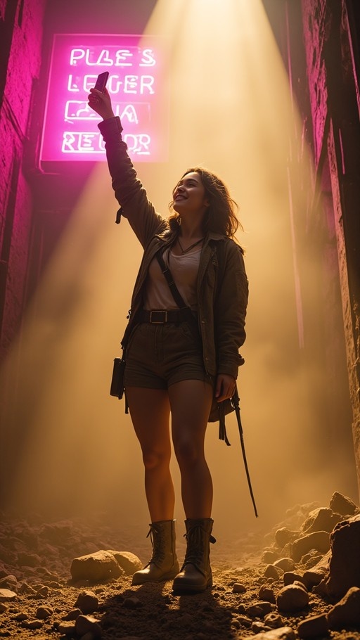 A young woman in a brown jacket and combat boots stands in a rocky alley holding up a phone near a pink neon sign.