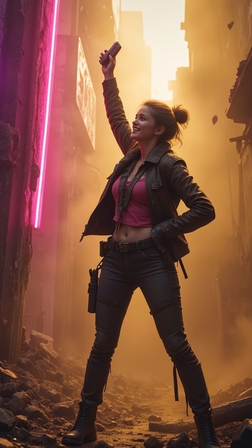 A smiling woman in a leather jacket and pink crop top stands in a ruined street holding a handgun up in the air near a pink neon light.