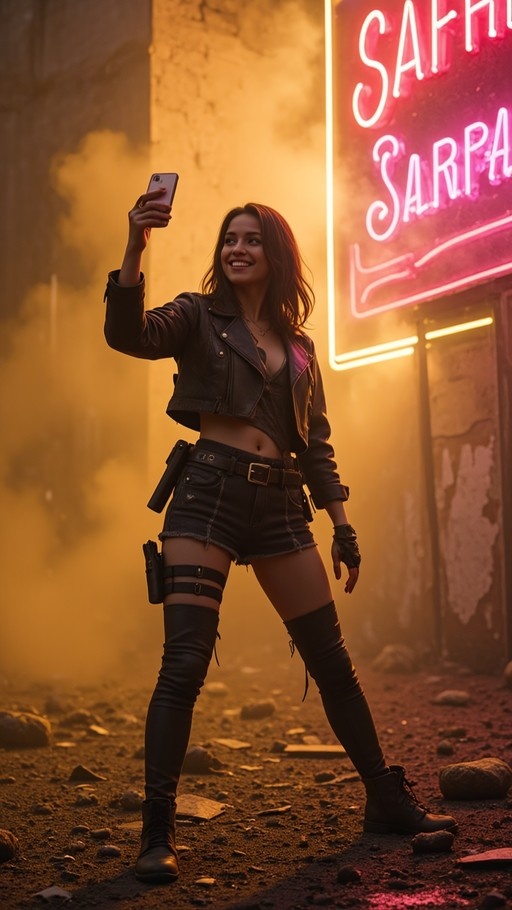 A smiling woman in a black leather jacket and thigh-high boots takes a selfie with her phone while standing in a debris-strewn street illuminated by pink neon lights and yellow fog.