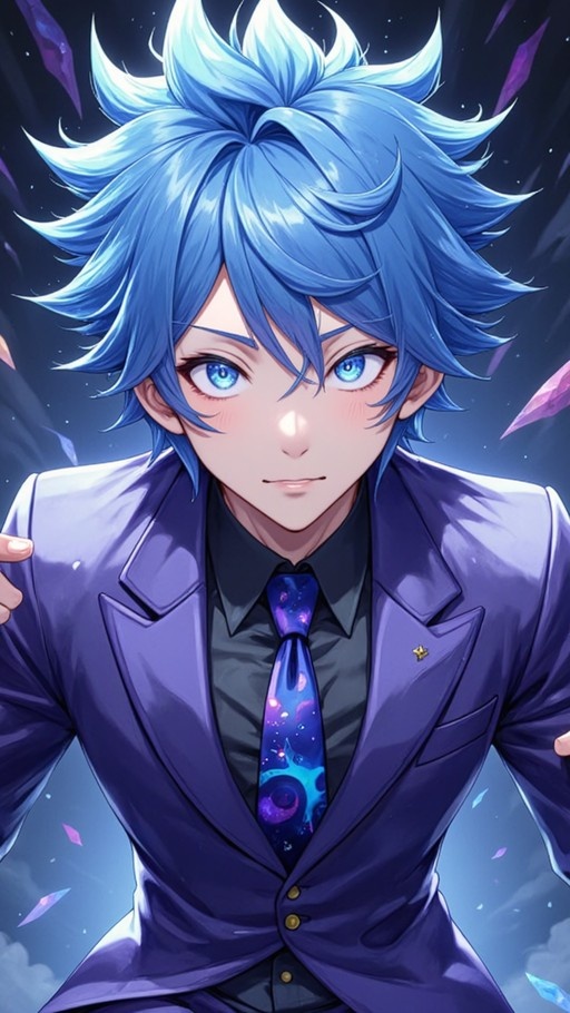 Close-up portrait of a handsome anime boy with spiky blue hair and blue eyes, wearing a purple suit jacket and a galaxy-patterned tie against a dark background with floating crystals.