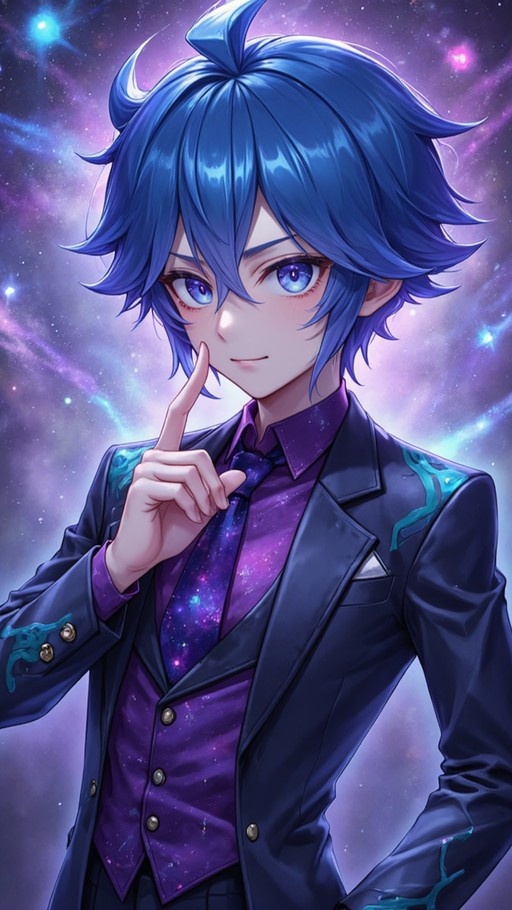 Blue-haired anime boy in a formal suit with a galaxy print tie shushing against a space background