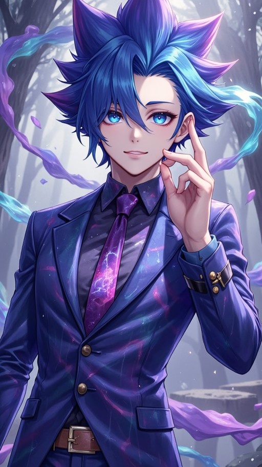 An anime-style young man with spiky blue hair and cat ears wearing a dark blue suit and galaxy-patterned purple tie stands in a misty forest holding up one finger.